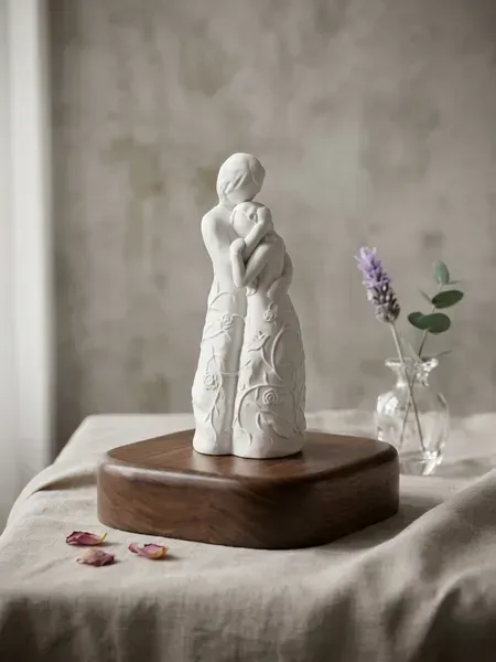 Figura de yeso en forma de abrazo entre madre e hija