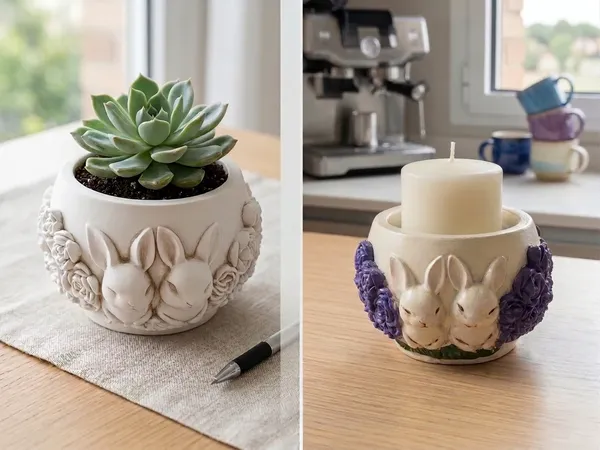 Cuenco de yeso con conejitos y rosas en relieve, usable como macetero o portavelas