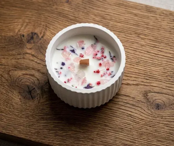 Vaso de yeso blanco con vela aromática