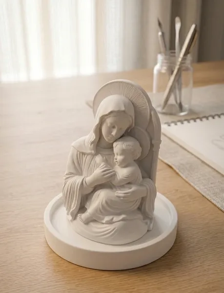 Figura de yeso de la Virgen con el Niño sobre peana decorativa